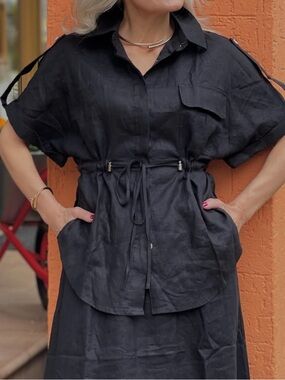 Zara Black Drawstring Linen Shirt-Blouse with Pocket